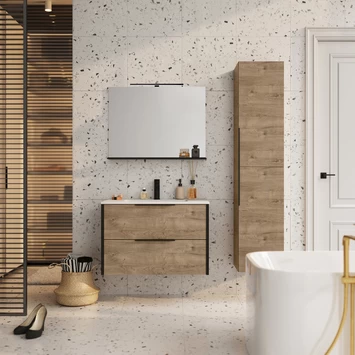 Atlantic Badmeubelset Aria met Spiegel En Witte Wastafel 80cm Canela Eiken - Afbeelding 2