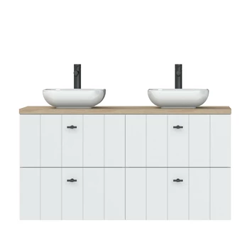 Tiger Maryport Badkamermeubelset 120 Cm Mat Wit Met Licht Eiken Houten Wasblad, Keramische Opzetkom En Matzwarte Grepen - Afbeelding 3