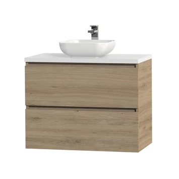 Tiger Karlo Badkamermeubelset 80 Cm Chalet Eik Met Wit Houten Wasblad En Glanzend Witte Keramische Waskom