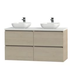 Tiger Karlo Badkamermeubelset 120 Cm Naturel Eik Met Wit Houten Wasblad En Glanzend Witte Keramische Waskom