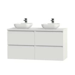 Tiger Karlo Badkamermeubelset 120 Cm Hoogglans Wit Met Wit Houten Wasblad En Glanzend Witte Keramische Waskom